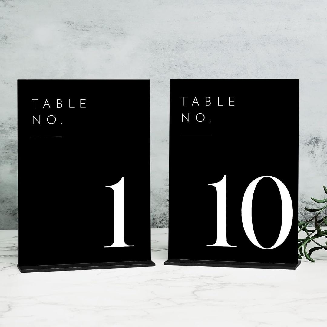 Black Wedding Table Numbers 1-10 with Stands, 5"x7" Black Acrylic Table Numbers with White Font, Perfect for Wedding Party Reception(1-10, 5"x7")
