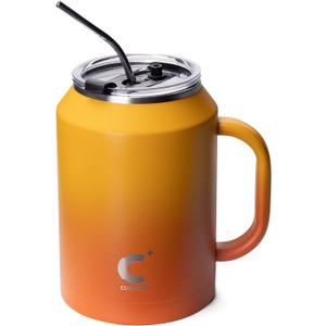 Coolplus 50oz Mug Tumbler with Handle and Straw, Large Stainless Steel Travel Insulated Water Cup with 2-in-1 Lid, Double Wall Metal Keep Cold 36 hrs, Sweet Proof BPA-Free, Sunset Yellow