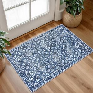 Vintage Washable Rug 2x3, Denim Blue White Small Area Rugs for Entryway, Floral Super Soft Kitchen Rugs, Throw Rugs Indoor Door Mat Thin Print Faux Wool Carpet for Entrance, Office, Farmhouse