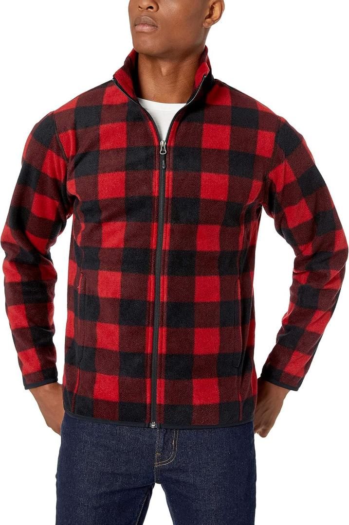 Amazon Essentials Men's Full-Zip Fleece Jacket (Medium, Black Red Buffalo Plaid)