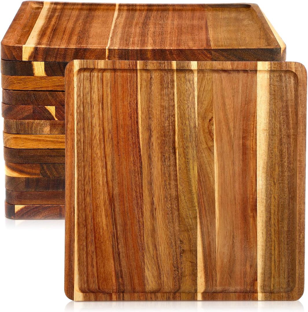 Roshtia 12 Pcs Wooden Plates Square Acacia Wood Charcuterie Board Wedding Dinner Serving Tray Charger Appetizer Kitchen Platter Cheese Steak Tableware Gift for Snack Dessert Salad Fruit (12 Inch)
