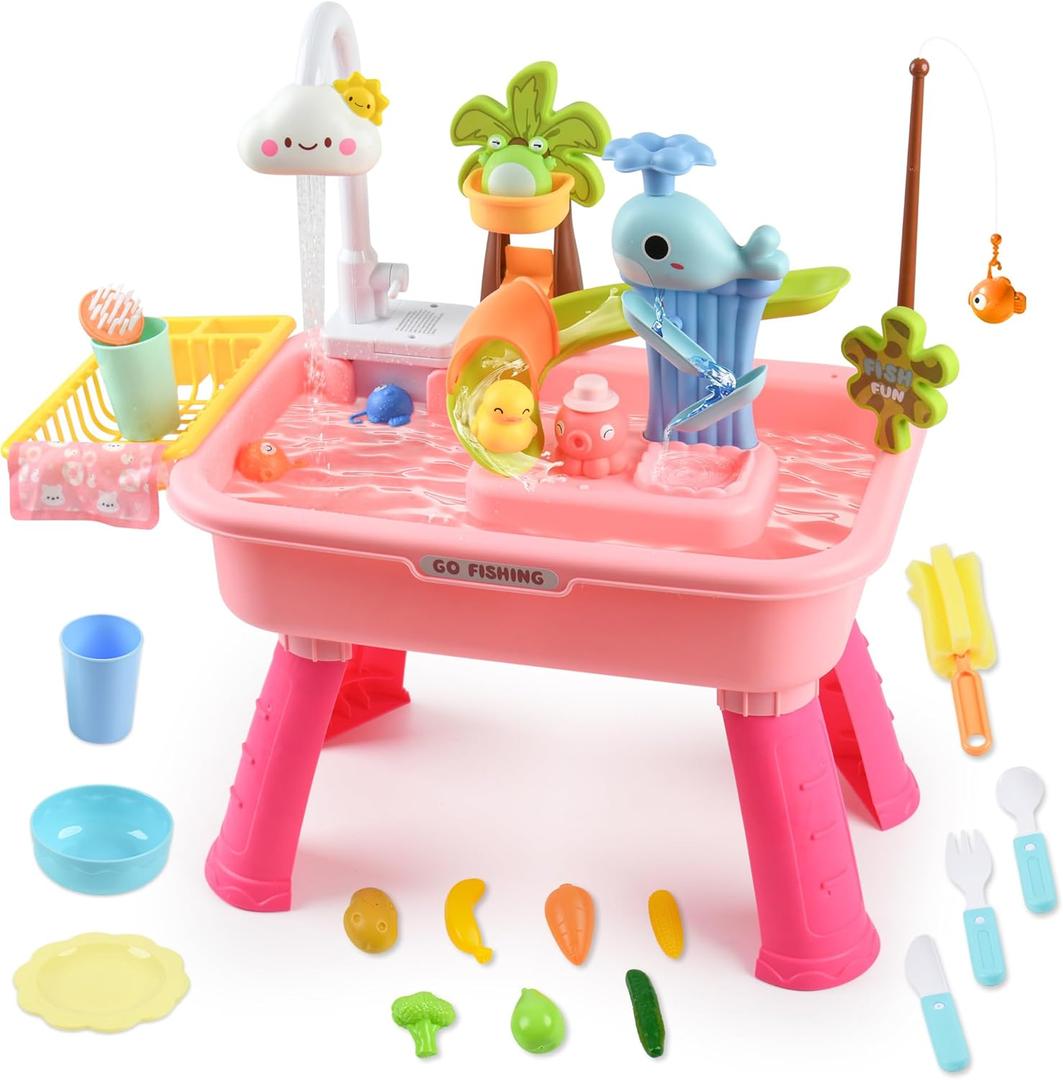 2026 Upgraded Toddler Sand Water Table Toy with Electric Water Pump, Kids Sand Water with Faucet/Play Food Accessories/Fishing Toy, Kitchen Play Sink Toys for Girl Boy Age 3+ (Pink)