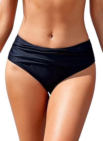 SHEKINI Women's Bikini Bottoms Ruched Black Swimsuit Tummy Control Swim Bottoms, L, Manhattan Black