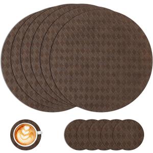 SHACOS Round Placemats Set of 6 with Coasters Wipeable Leakproof 13 inch Faux Leather PU Vinyl Place Mats Heatproof Non Slip Table Mats Home Kitchen Dining Table Decor, Chocolate