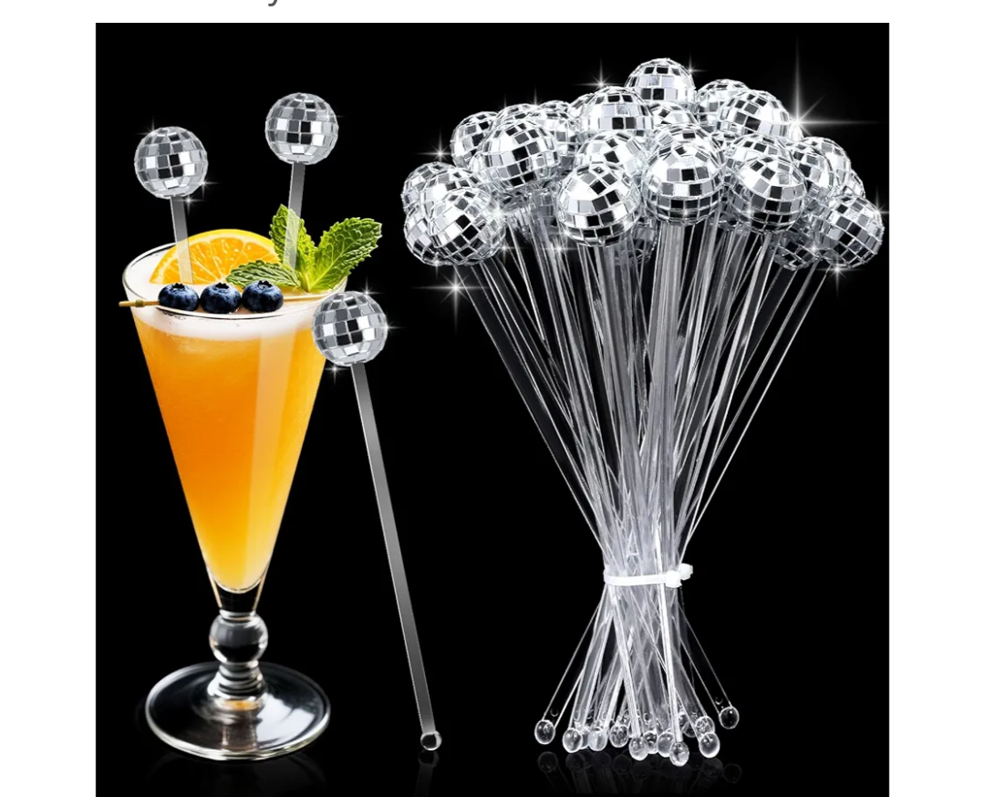 24 Pcs Disco Balls Cocktail Stirrers, Round Top Swizzle Sticks, Cake Pops Mirror Ball Coffee Beverage Stirrers Decorative Straws for Home Bar Bachelorette Wedding New Year Party Decor