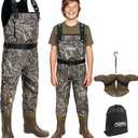 Foxelli Kids Chest Waders with Boots  Waterproof 4mm Neoprene Kids Waders for Fishing & Duck Hunting for Boys Girls Youth (6-7, Camo)