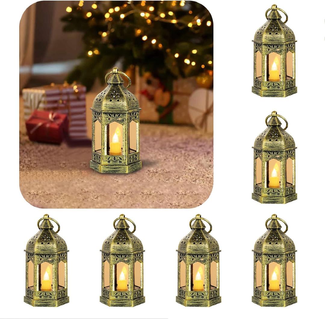 6 Pcs Gold Mini Lanterns for Centerpieces: Enchanted Forest Decorations Hanging Lanterns Decorative for Wedding Party Halloween, Small lnatern Home deocr, Batteries Included