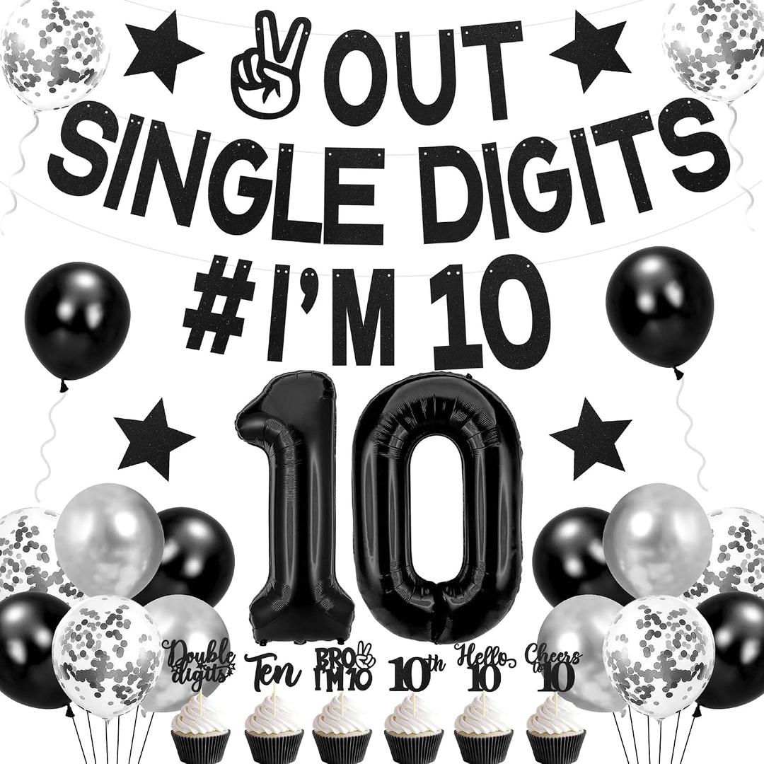 Holkcog Black 10th Birthday Decorations, Out Single Digits I’m 10 Banner, Cheers to 10 Years Party Supplies, Number 10 Ballons, Black 10th Birthday Cupcake Toppers, Ten Years Gifts for Boy Girl
