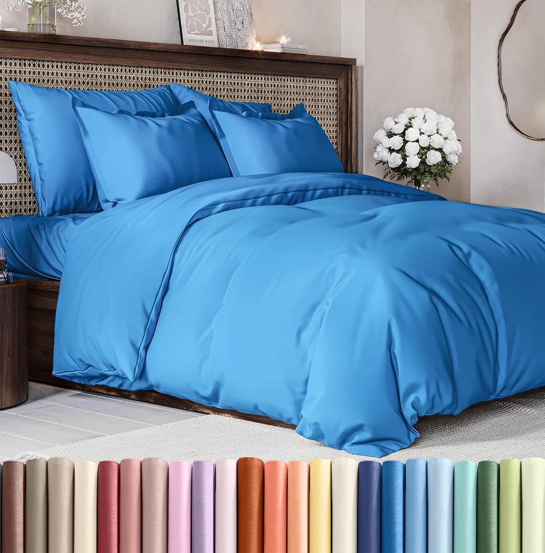 Duvet Cover Queen Size Set - Extra Soft Queen Size Duvet Cover 90 x 90 with 2 Pillow Shams - Hotel Luxury Easy Care and Fade Free w/Zipper Closures & Ties - Comfy Breathable Bedding Set (Royal Blue)