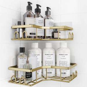 Adhesive Shower Caddy, 2 Pack Corner Bath Organizer, Rustproof Stainless Steel Shower Shelves with Large Capacity, No Drilling Shelves for Bathroom Storage, Home, Kitchen Dcor(Gold)