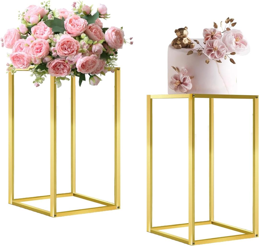 Cylinder Stands for Parties & Plants,2pcs Gold Square Wedding Flower Pedestal Stands for Centerpieces, 15.7 inch
