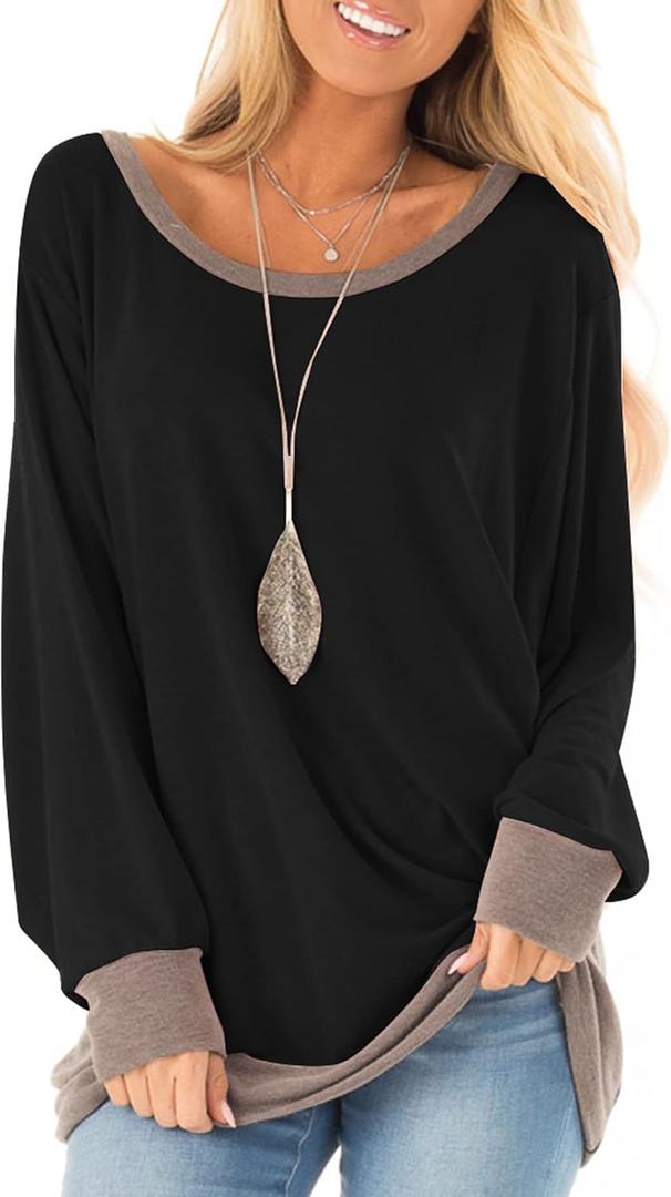 Fallorchid Womens Long Sleeve Tops Crew Neck Tunics Clothes Casual Color Block Sweatshirt (Black, M)