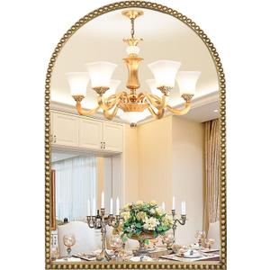 Arched Wall Mirror for Bathroom - 24"x36" Metal Beaded Frame Decorative Accent Mirror, Large Modern Rustic Distressed Hanging Wall Decor for Washroom, Bedroom, Living Room, Entryway, Antique Gold