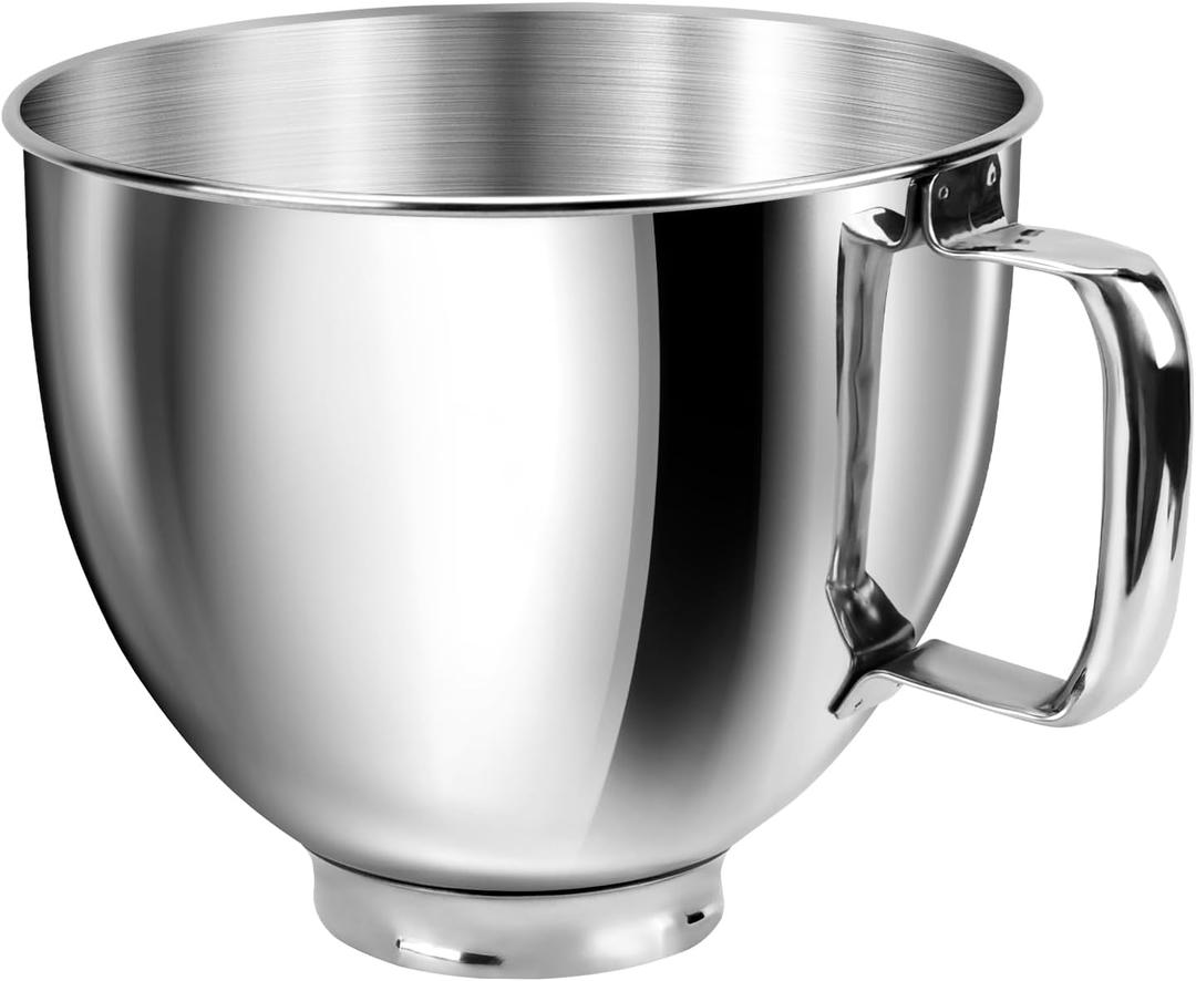 5 Quart Mixing Bowl for KitchenAid Stand Mixers, Food-Grade Stainless Steel Bowl with Handle & Clasp, Compatible with Tilt-Head 4.5–5 Qt Models – Fits K45, K45SS, KSM75, KSM150, KSM95 (Silver, 5QT)