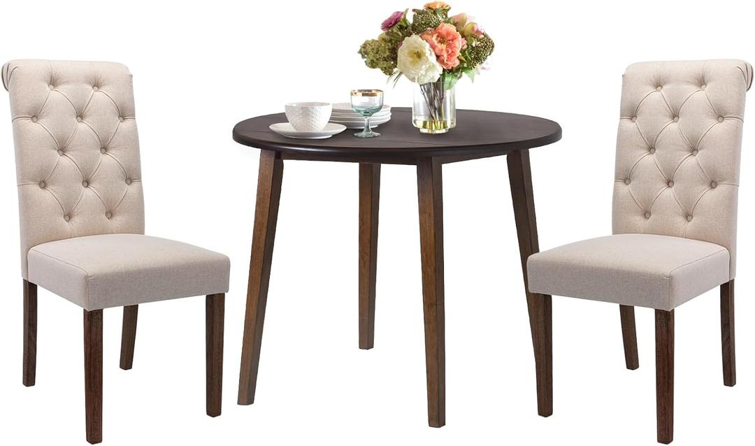 COLAMY 5-Piece Extendable Dining Table Set for 2, 36" Kitchen Round Wood Table with 4 Tufted Dining Room Chairs, Light Brown/Beige