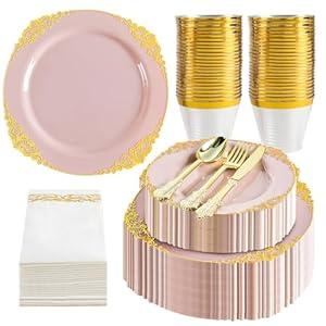 350PCS Disposable Plastic Dinnerware Set for 50 Guests, Black and Gold Trim Fancy Plates and Golden Cutlery, Include 25Sets Dinner Dessert Plates Forks Spoons Knives Cups Napkins for Party (PinkGold)