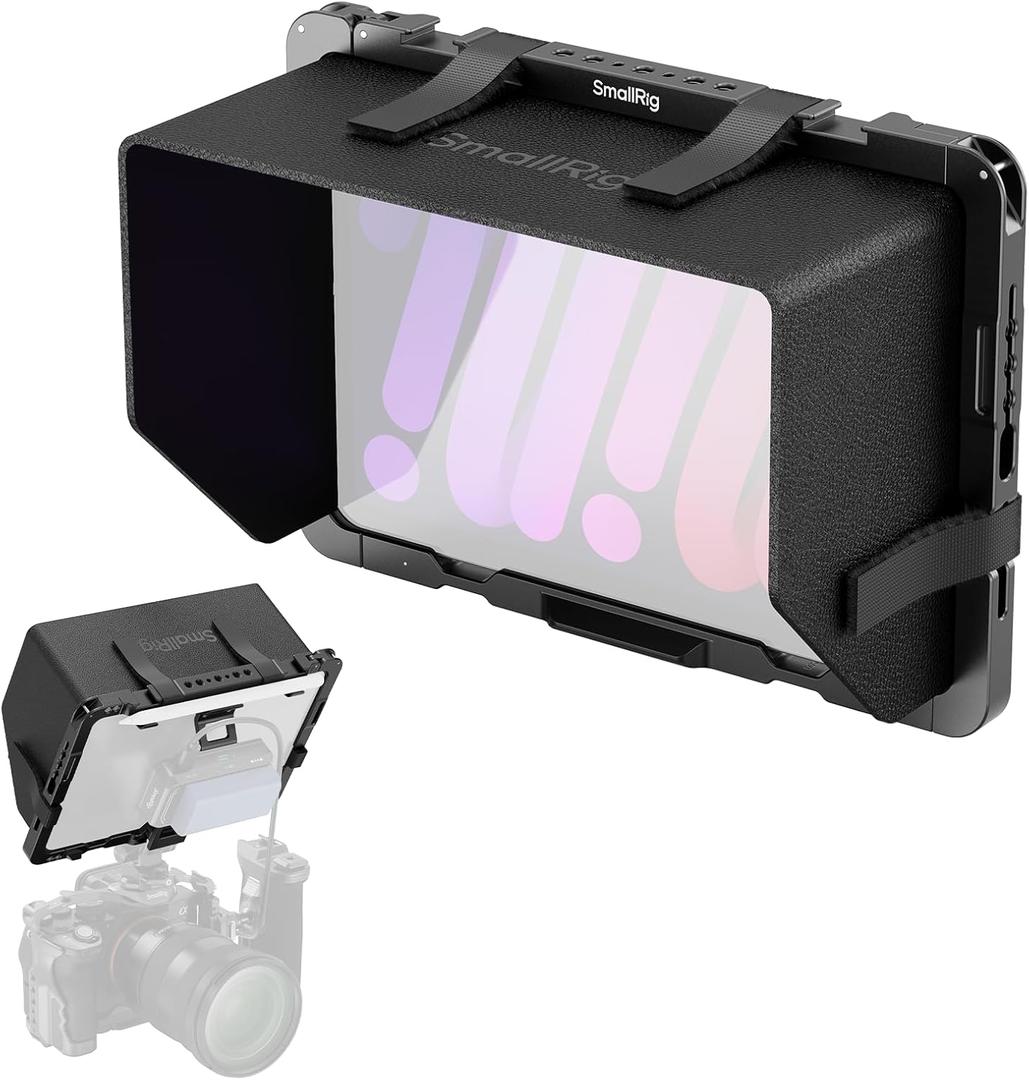 SMALLRIG Cage for iPad mini 6 / A17 Pro, Metal Tripod Mount Adapter for iPad with 1/4"-20, 3/8"-16 Holes, Cold Shoe Mount, 8.3'' Tablet Clamp Monitor with Sun Hood-MD5058