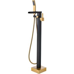 BAGNOLUX Solid Brass Floor Mount Bathtub Faucet Free Standing Tub Faucet Freestanding Tub Filler Black Gold High Flow Rate Swivel Spout with Hand Shower, YGSLT-Waterfall Black+Gold
