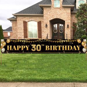 Large Happy 30th Birthday Banner, Black & Gold Decoration Sign, Party Decorations (9.8x1.6ft)
