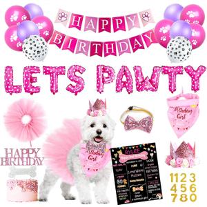 Dog Birthday Party Supplies, Dog Birthday Decorations Girl, Lets Pawty Balloons Banner, Dog Birthday Hat Bandana Tutu Skirt, Girl Dog Birthday Outfit for Small Medium Dogs pink