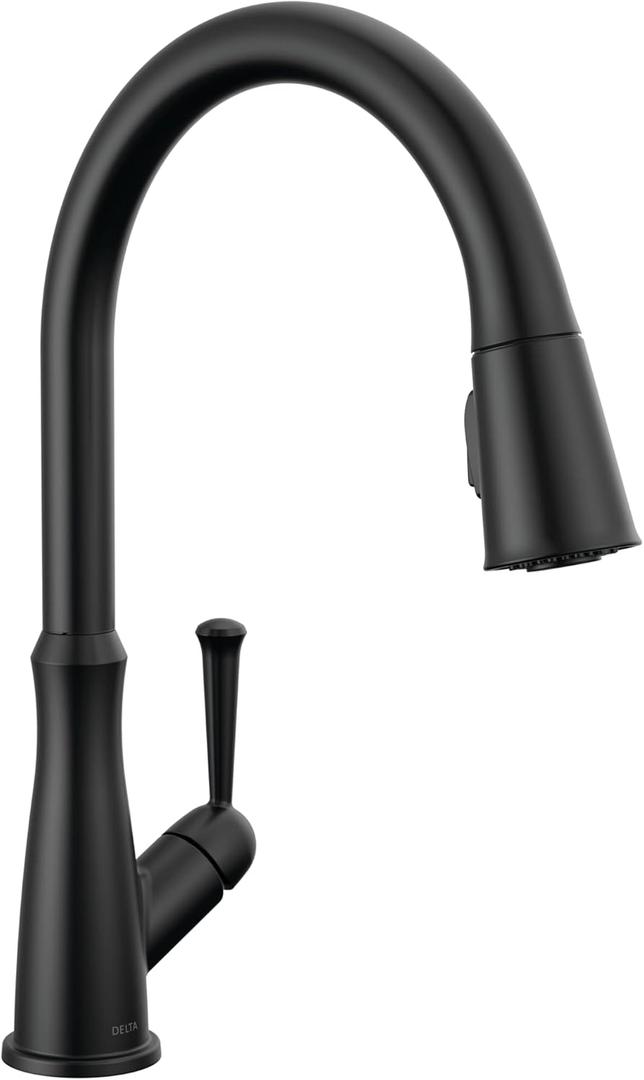 Delta Westville Matte Black Kitchen Faucet with Pull Down Sprayer, Contemporary Single Hole Kitchen Sink Faucet, Single Handle, Matte Black 9110-BL-DST