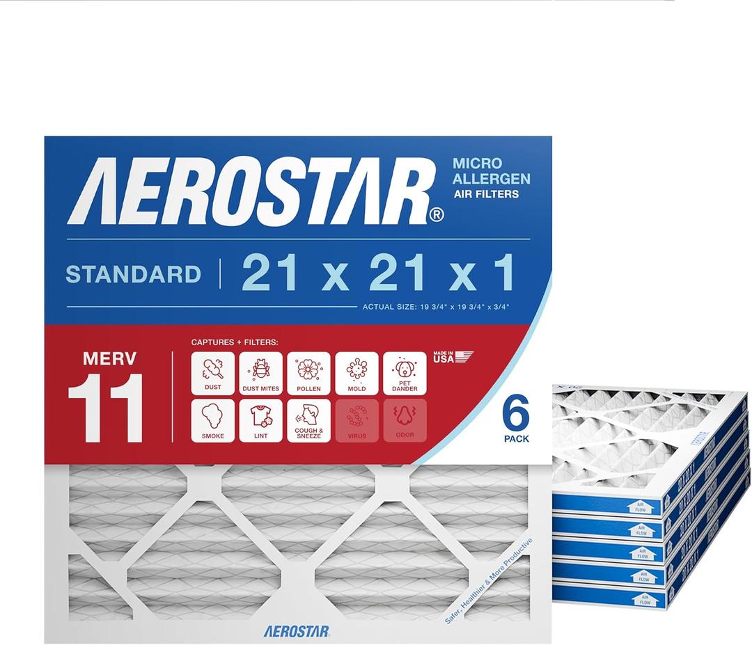 Aerostar 21x21x1 MERV 11 Air Filter, 6 Count, ACTUAL SIZE (20.88 x 20.88 x 0.75), HVAC, Air Conditioning & Furnace Filter for Dust, Pet Dander, Smoke & Allergies (MPR 1200 / FPR 7), Made in USA