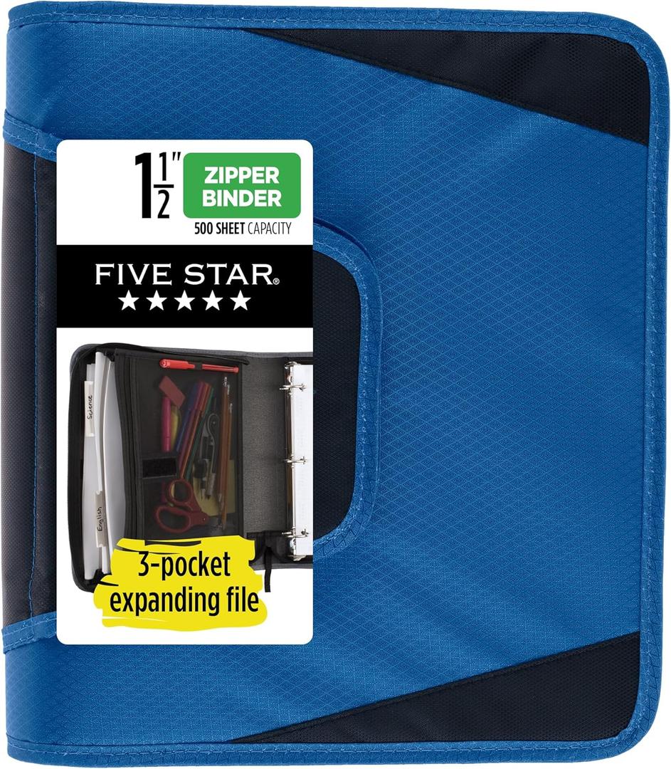 Five Star Zipper Binder, 1-1/2 Inch 3-Ring Binder with Round Rings, 3-Pocket Expanding File, 500 Sheet Capacity, Blue (72202)