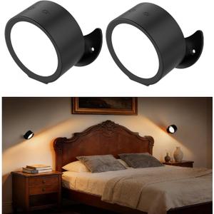 Battery Operated Wall Sconce, Remote Control, Wireless Rechargeable Mounted, 3 Color & 4 Brightness Level & 360°Rotate, Adhesive Lights for Wall Closet Hallway Reading (Black,Set of 2)