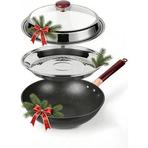 12.5-Inch Carbon Steel Wok Pan with Lid: Woks & Stir-Fry Pans Nonstick with Steamer for Cooking Pan Set, Large Deep Chinese Frying Saute Pan Wok Skillet, Induction Compatible, Stay-Cool Handle, Gifts