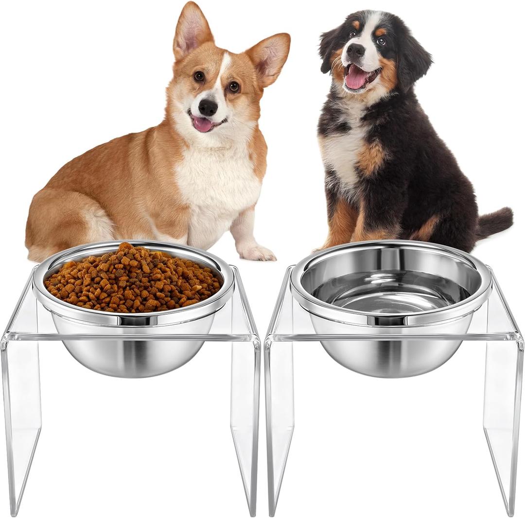 Ziliny 2 Set Acrylic Elevated Dog Bowls Stand 6.3" Tall Pet Acrylic Feeder Come with 2 Removable Stainless Steel Bowls for Large Dogs, Raised Durable Dog Bowl Pet Feeding Station