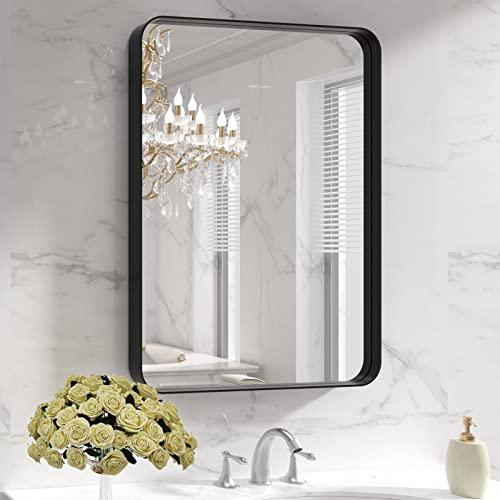 LOAAO Black Metal Framed Bathroom Mirror for Wall, 22X30 Inch Rounded Rectangle Mirror, Matte Black Bathroom Vanity Mirror Farmhouse, Anti-Rust, Hangs Horizontally or Vertically