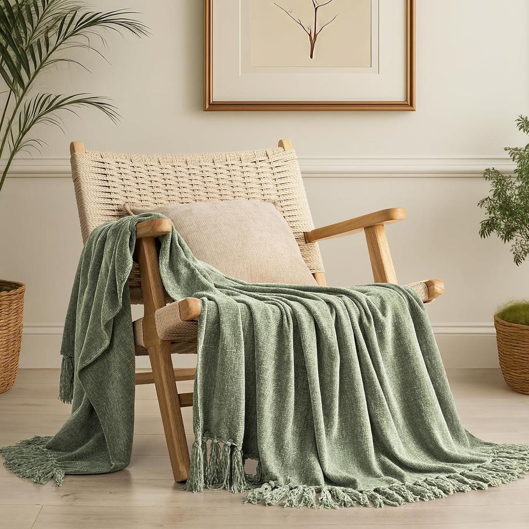 EverGrace Soft Chenille Throw Blanket for Couch, Cozy Plush Fuzzy Decorative Chenille Knit Throw Blanket with Tassels, Lightweight Blanket and Throws for Bed Sofa Gift Home Decor, Sage Green 50"x60"