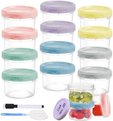 Yomarket 12pcs 8 oz Plastic Containers with Screw Lids, Reusable Clear Food Storage Containers with Pen and Brush for Snack Salad Fruit, Leakproof Small Freezer Containers, Microwave & Dishwasher Safe