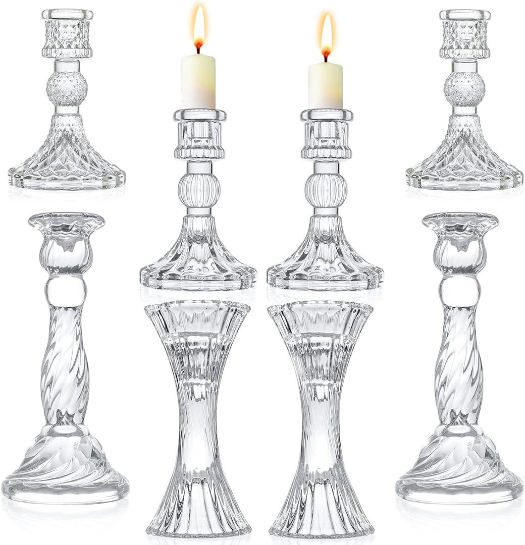 Glass Candlestick Holders - Set of 8 Clear Taper Candlestick Glasses,Crystal Candle,for All Formal Events,Candlelight Dinner,Wedding, Dinning, Party,Home Decoration