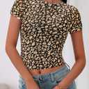 BTFBM Womens Sheer Mesh Summer Tops 2025 Crewneck Short Sleeve Print Ruched Crop Top Slim Fit Club Going Out T Shirts (L)