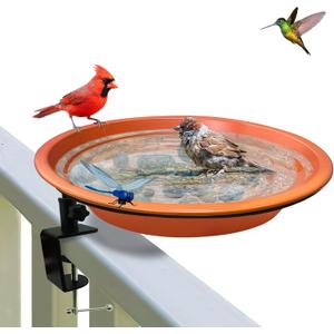 Deck Mounted Bird Bath for Railing,Vivid Terracotta Finish,Detachable Bowl & Heavy Duty Adjustable Clamp Rust-Proof 11.5 Inch Metal Bird Feeder for Balcony,Patio,and Garden(Oriole Orange)