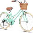 Glerc 24" Girls Cruiser Bike 6-Speed Cruiser Women's Hybird Bicycle for Ages 7 8 9 10 11 Years Old with Wicker Basket. Lightweight Frame and Fork, Mint Green