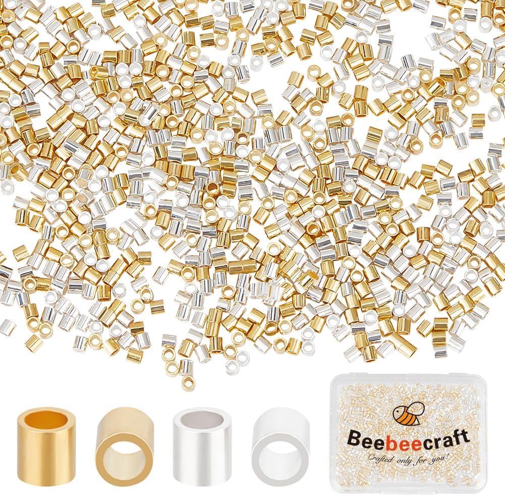 Beebeecraft 1 Box 1000Pcs 2 Color Crimp Tube Beads 925 Sterling Silver 18K Gold Plated Column Spacer Beads Link Connector for Bracelet Necklace Jewelry Making Findings Supplies