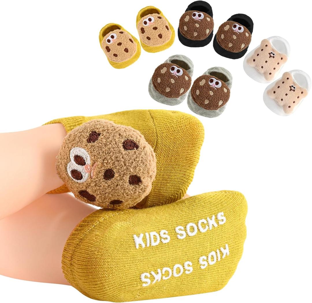 SAOROPEB 4-Pair Baby Girls Socks, Non-Slip Grips for Babies Toddler, Ankle Socks for Girls (0-12 Months, Cookie)
