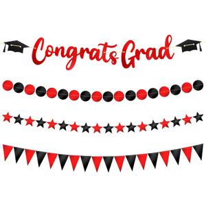 VitalCozy 4 Pcs 49.2 Feet Congrats Grad Banner Class of 2026 Graduation Party Decorations Congrats Grad Garland Triangle Flag Star Glitter Decor for College Graduation Party Supplies(Black and Red)