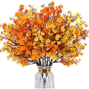 8Pcs Babys Breath Artificial Fake Fall Flowers, Real Touch Orange Yellow Plants Silk Flowers for Vase Home Office Wedding Indoor Outdoor Centerpiece Table Party Autumn Christmas Decorations