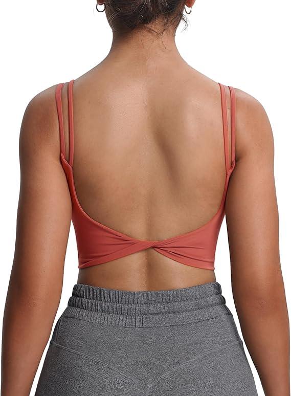 Aoxjox Women's Workout Sports Bras Fitness Yoga Crop Tank Twist Back Cami (Rust Red, XX-Small)