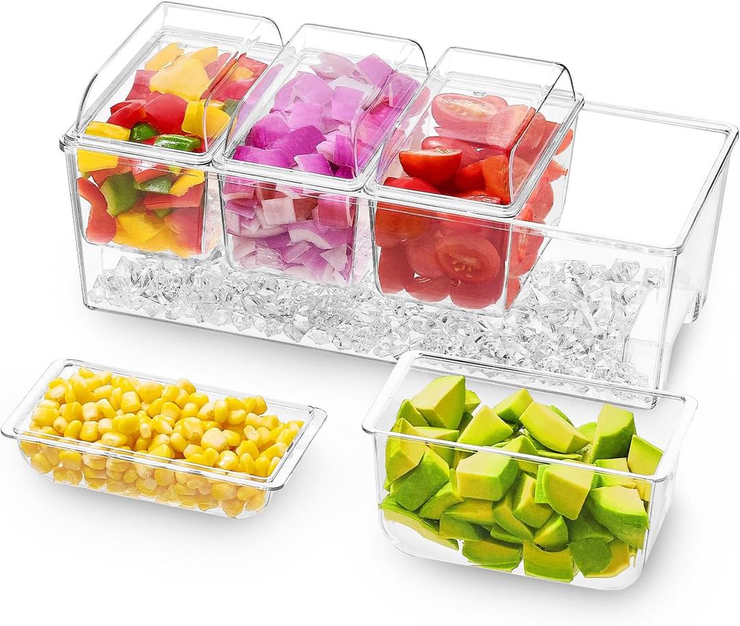 Lifewit Ice Chilled Condiment Caddy with 4 Containers(2.5 cup), Condiment Server with Separate Lids, Serving Tray Platter with Removable Dishes for Bar Accessories, Fruit, Salad, Taco, Party Garnish Lifewit Ice Chilled Condiment Caddy with 4 Containers(2.5 cup), Condiment Server with Separate Lids, Serving Tray Platter with Removable Dishes for Bar Accessories, Fruit, Salad, Taco, Party Garnish