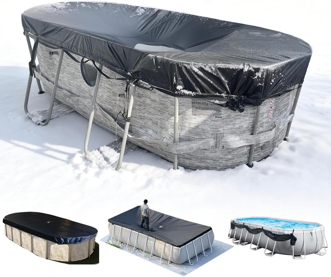 12x18Ft Winter Oval Pool Cover with Side Storage for Oval and Rectangular Above Ground Pool, One-Piece Pool Cover, Preventing Waterlogging, UV and Weather Resistant WP:10000kPa+