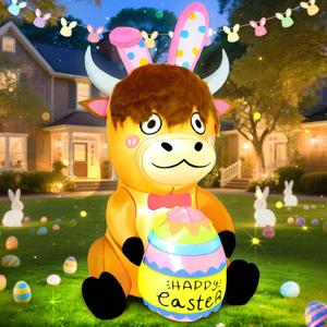 Easter Inflatable Outdoor Decorations 5FT Cute Highland Cow Holding Eggs Inflatables Blow Ups for Yard Garden Lawn Outside Spring Holiday Party Home Decor with LED Lights