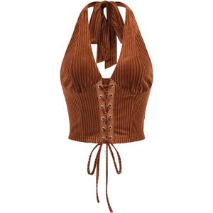Verdusa Women's Sleeveless Halter Neck Lace Up Front Tie Back Crop Top Rust Brown XS