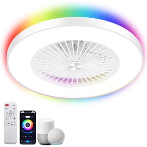 24" Low Profile Ceiling Fans with Lights, Smart Bladeless Ceiling Fan with Alexa, APP Control, Flush Mount Ceilings Fans Back Ambient RGB Light 3 Dimmable Color White
