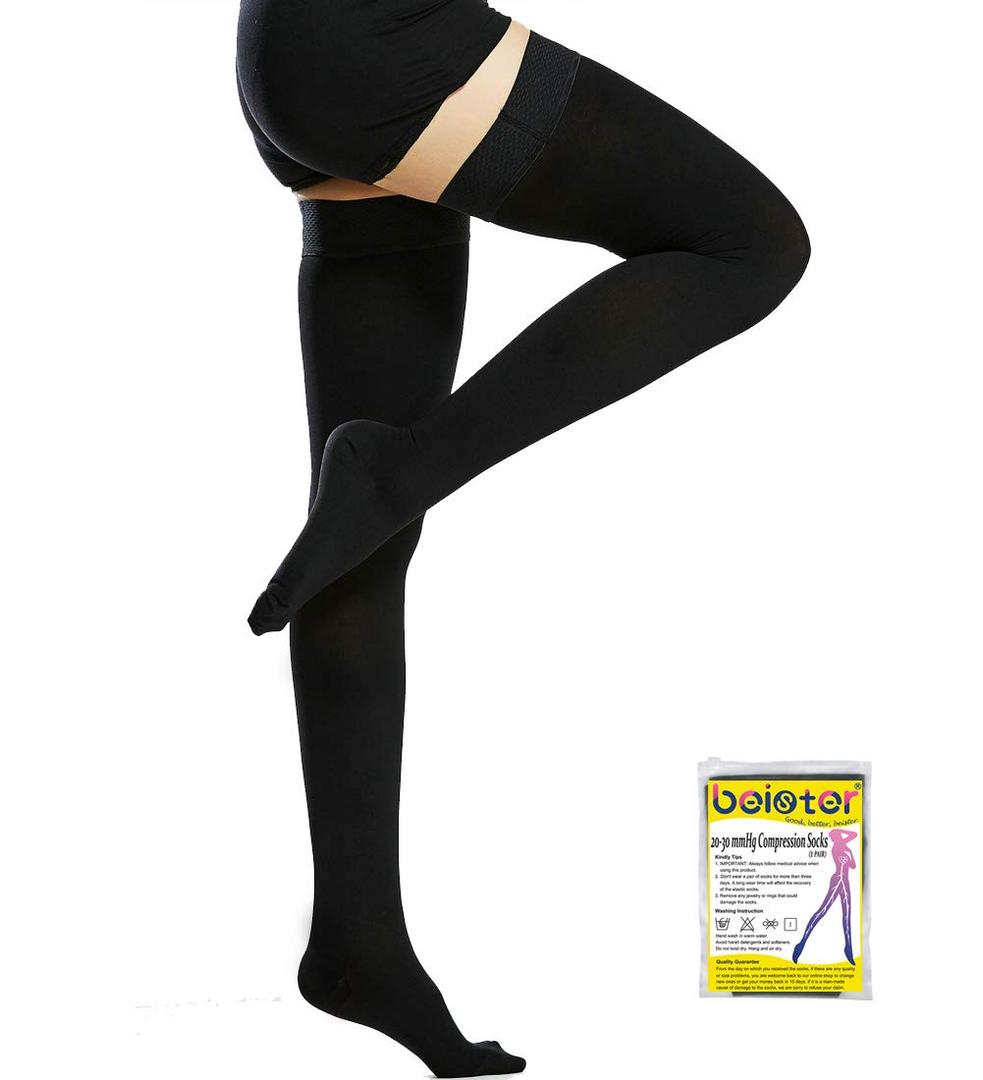 Beister 20-30 mmHg Compression Stocks Women & Men Thigh High Closed Toe Sockings for Varicose Veins, Edema, Flight (2X-Large (1 Pair), Black)
