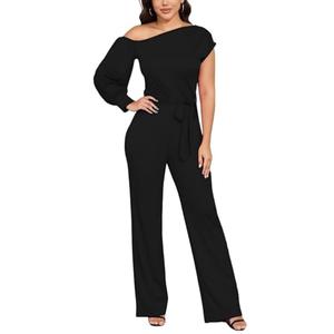 DeftSharp Women's Casual One-Shoulder Sleeve Crew Neck Slanted Shoulder Back Zip Belt Long Jumpsuit, Black, Small