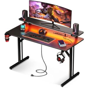 MOTPK 39 Inch Small Gaming Desk with LED Lights & Power Outlets, Computer Desk Gaming Table with Monitor Shelf, Gamer Desk with Carbon Fiber Texture, Kids Boys Desk Gift for Men (Black)